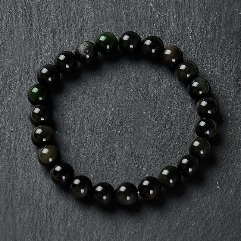 Buddha Stones Rainbow Obsidian Yin Yang Balance Round Bead Bracelet - image 3