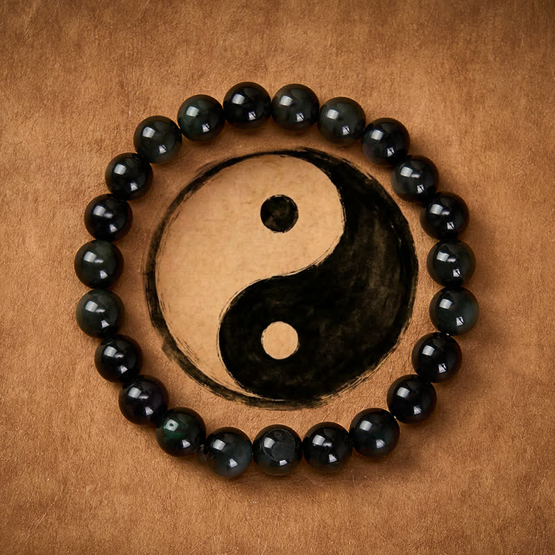 Buddha Stones Rainbow Obsidian Yin Yang Balance Round Bead Bracelet - image 1
