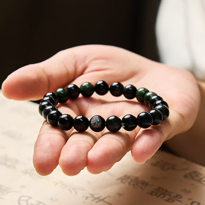 Buddha Stones Rainbow Obsidian Yin Yang Balance Round Bead Bracelet - image 9