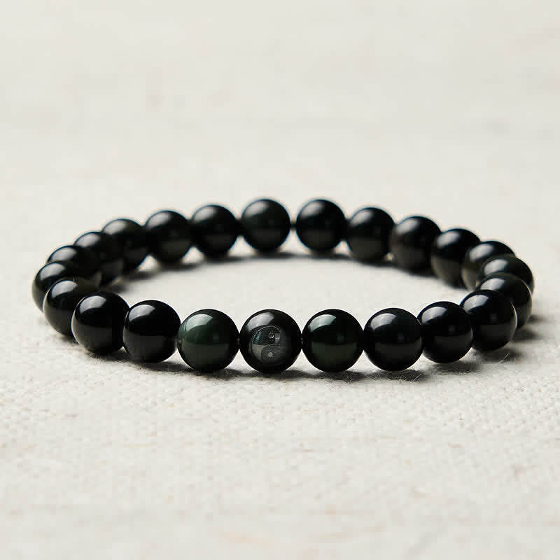 Buddha Stones Rainbow Obsidian Yin Yang Balance Round Bead Bracelet - image 8