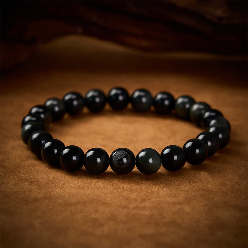 Buddha Stones Rainbow Obsidian Yin Yang Balance Round Bead Bracelet - Rainbow Obsidian(Color Shifts in Light) - 8mm - image 0