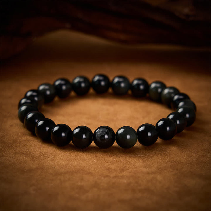 Buddha Stones Rainbow Obsidian Yin Yang Balance Round Bead Bracelet - Rainbow Obsidian(Color Shifts in Light) - 8mm - image 0