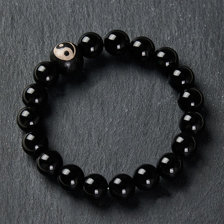 Buddha Stones Tibetan Black Obsidian Black Onyx Yin Yang Bead Protection Bracelet - image 3