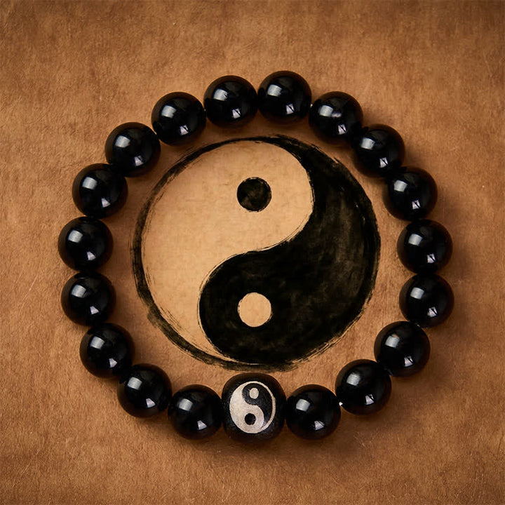 Buddha Stones Tibetan Black Obsidian Black Onyx Yin Yang Bead Protection Bracelet - Black Obsidian(Purification ♥ Strength) - image 0