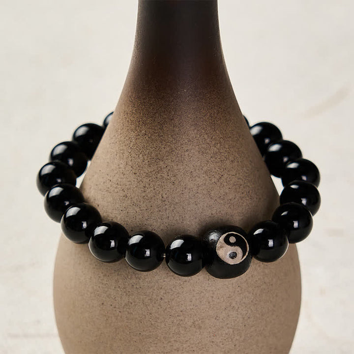 Buddha Stones Tibetan Black Obsidian Black Onyx Yin Yang Bead Protection Bracelet - image 4
