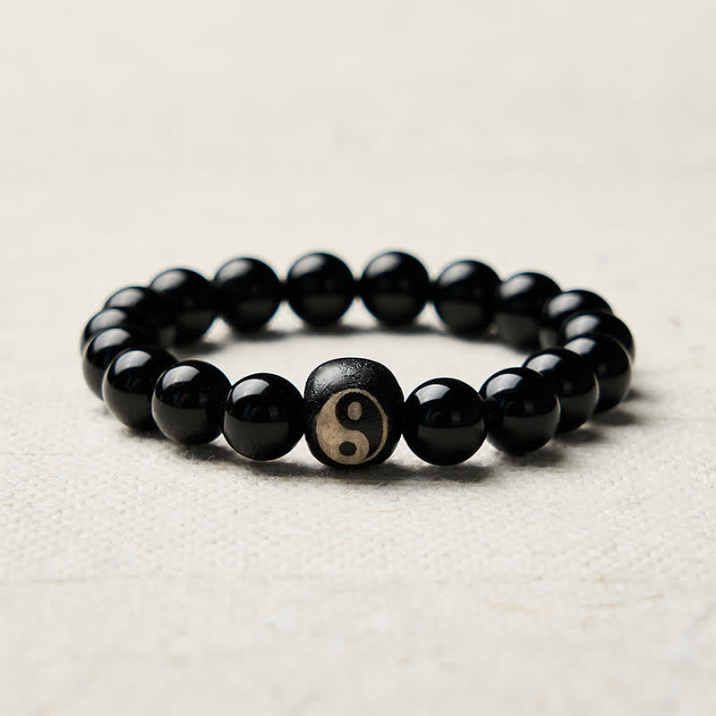 Buddha Stones Tibetan Black Obsidian Black Onyx Yin Yang Bead Protection Bracelet - image 8
