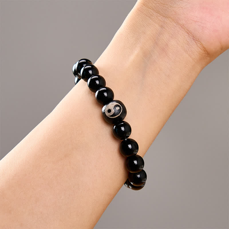 Buddha Stones Tibetan Black Obsidian Black Onyx Yin Yang Bead Protection Bracelet - image 10