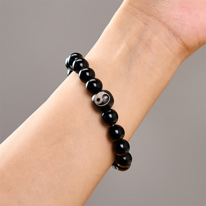 Buddha Stones Tibetan Black Obsidian Black Onyx Yin Yang Bead Protection Bracelet - image 10