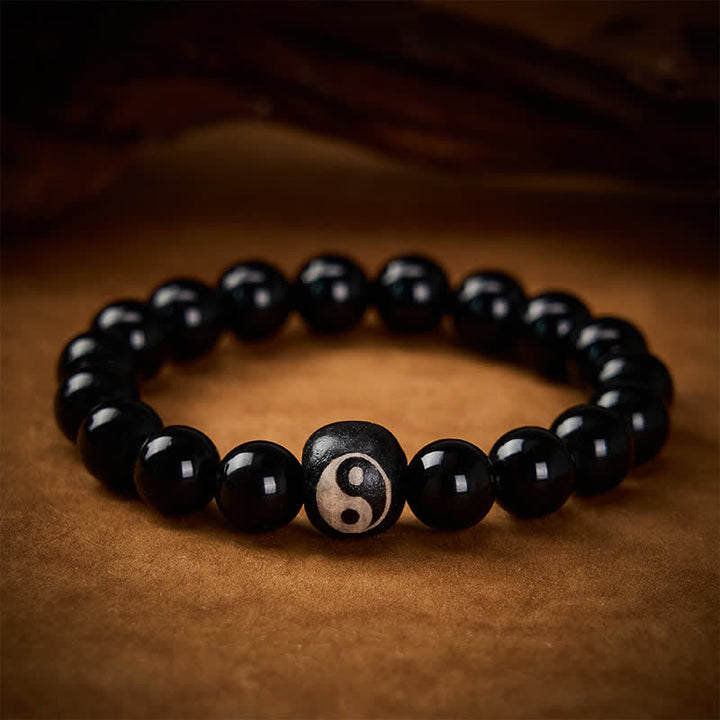 Buddha Stones Tibetan Black Obsidian Black Onyx Yin Yang Bead Protection Bracelet - image 2