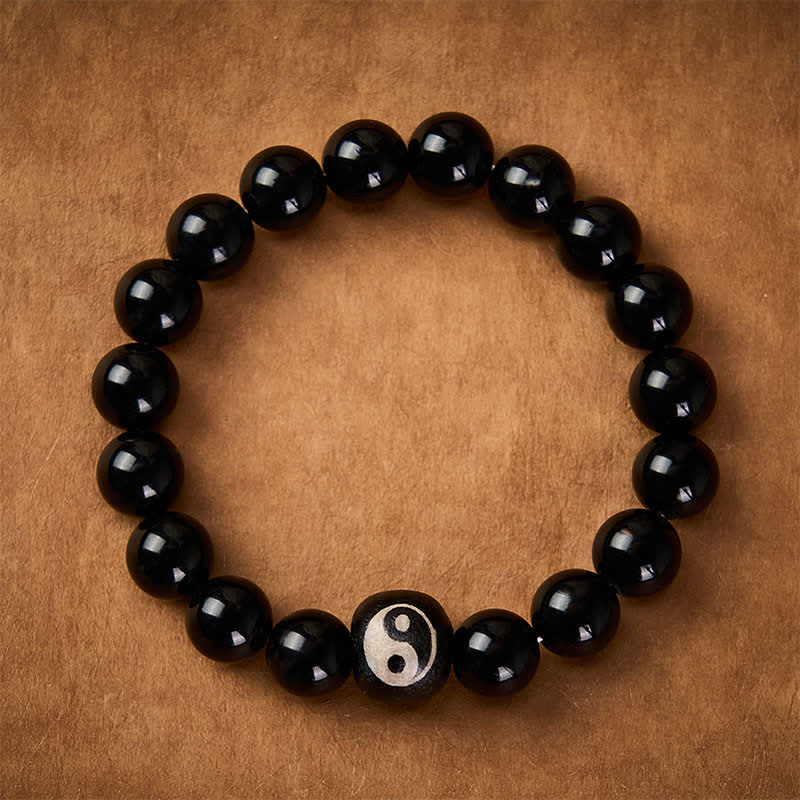 Buddha Stones Tibetan Black Obsidian Black Onyx Yin Yang Bead Protection Bracelet - image 1