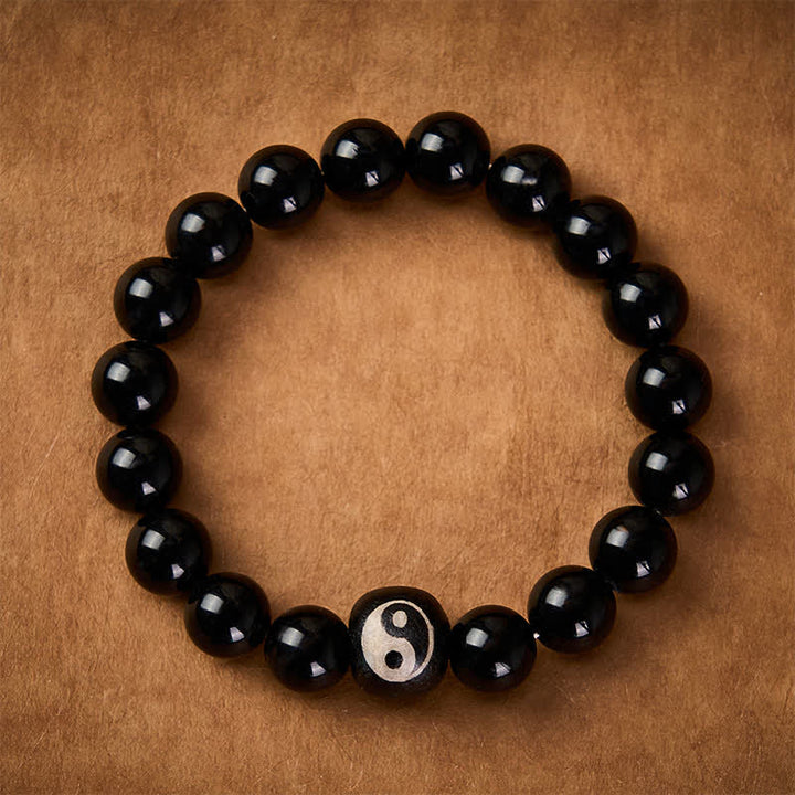 Buddha Stones Tibetan Black Obsidian Black Onyx Yin Yang Bead Protection Bracelet - image 1