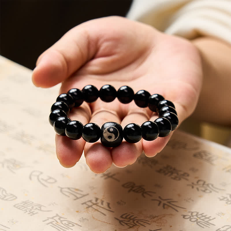 Buddha Stones Tibetan Black Obsidian Black Onyx Yin Yang Bead Protection Bracelet - image 9