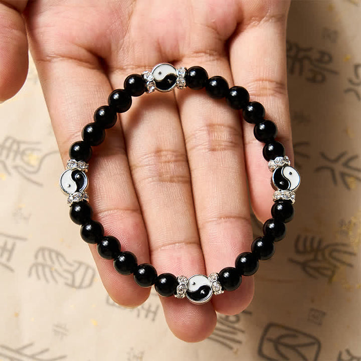 Buddha Stones Black Obsidian Yin Yang Balance Round Charm Bracelet - image 9