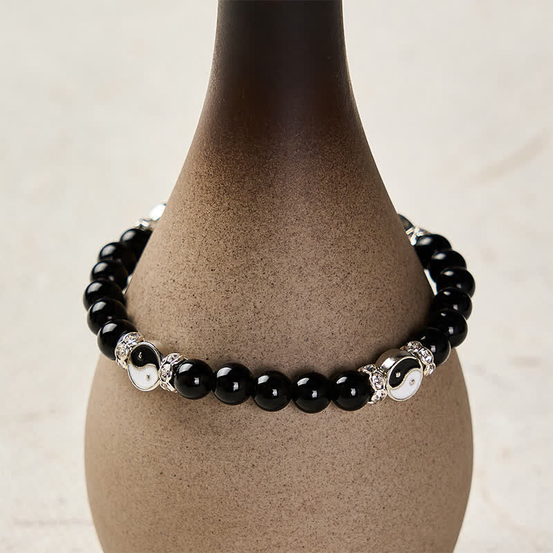 Buddha Stones Black Obsidian Yin Yang Balance Round Charm Bracelet - image 3