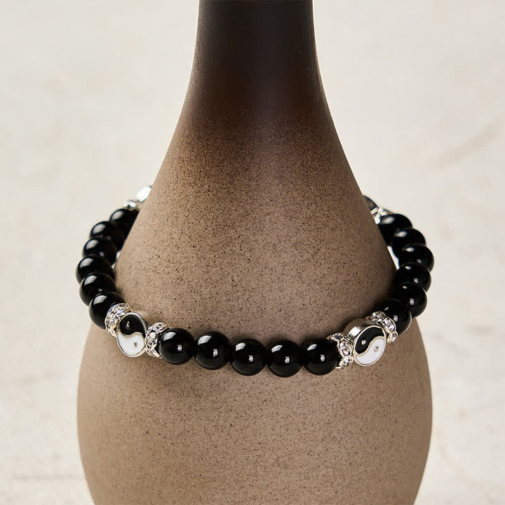 Buddha Stones Black Obsidian Yin Yang Balance Round Charm Bracelet - image 3