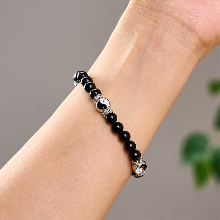 Buddha Stones Black Obsidian Yin Yang Balance Round Charm Bracelet - image 10