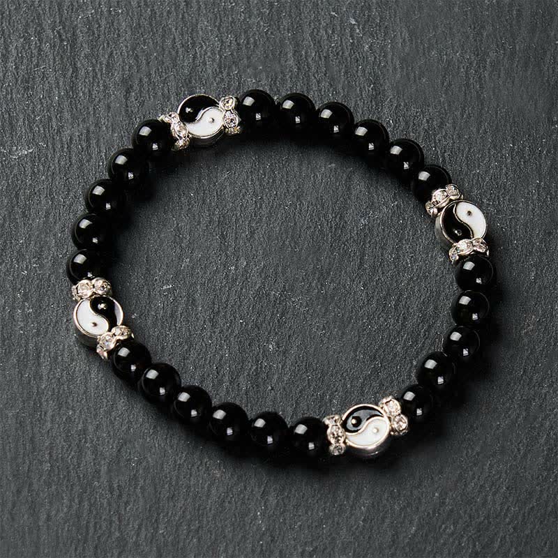 Buddha Stones Black Obsidian Yin Yang Balance Round Charm Bracelet - image 4
