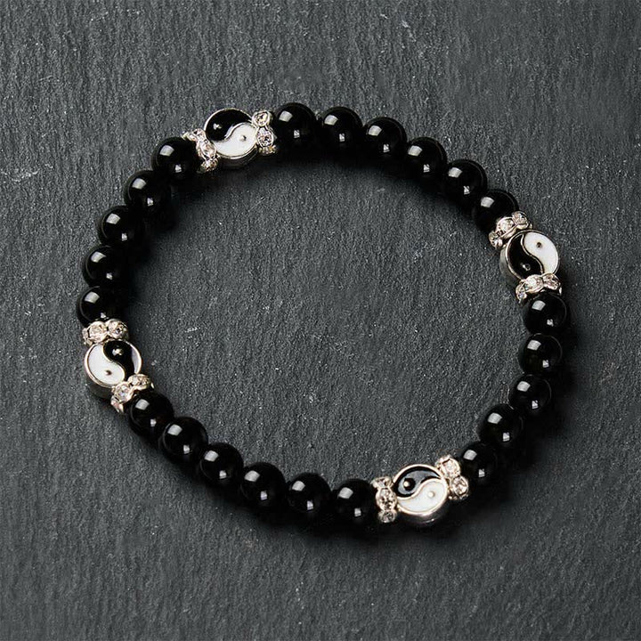 Buddha Stones Black Obsidian Yin Yang Balance Round Charm Bracelet - image 4