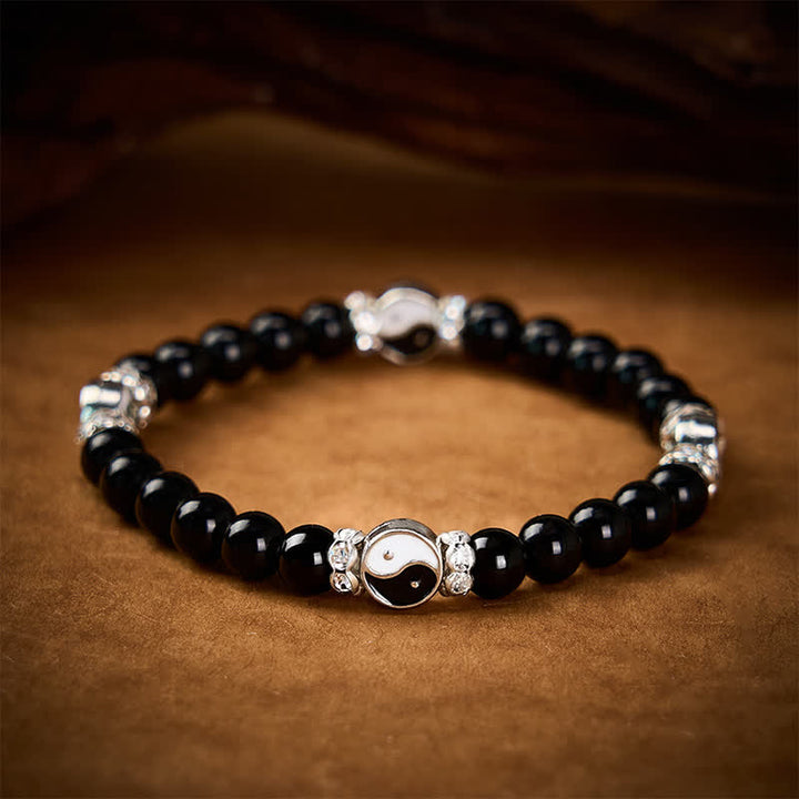 Buddha Stones Black Obsidian Yin Yang Balance Round Charm Bracelet - image 2