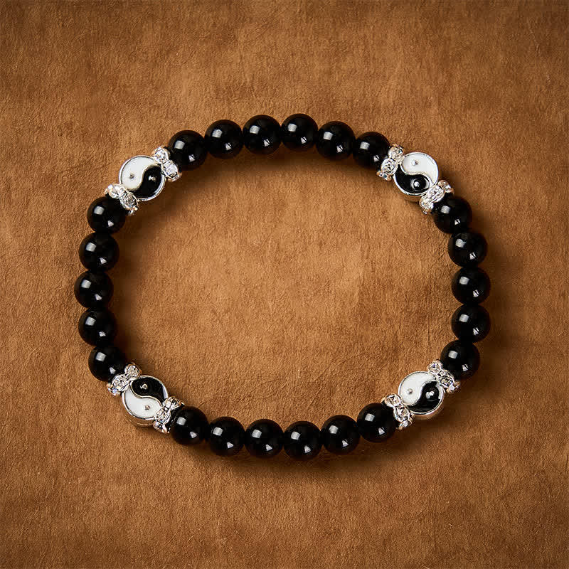 Buddha Stones Black Obsidian Yin Yang Balance Round Charm Bracelet - image 1