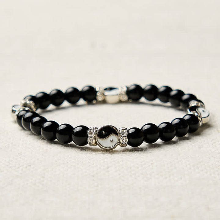 Buddha Stones Black Obsidian Yin Yang Balance Round Charm Bracelet - image 8