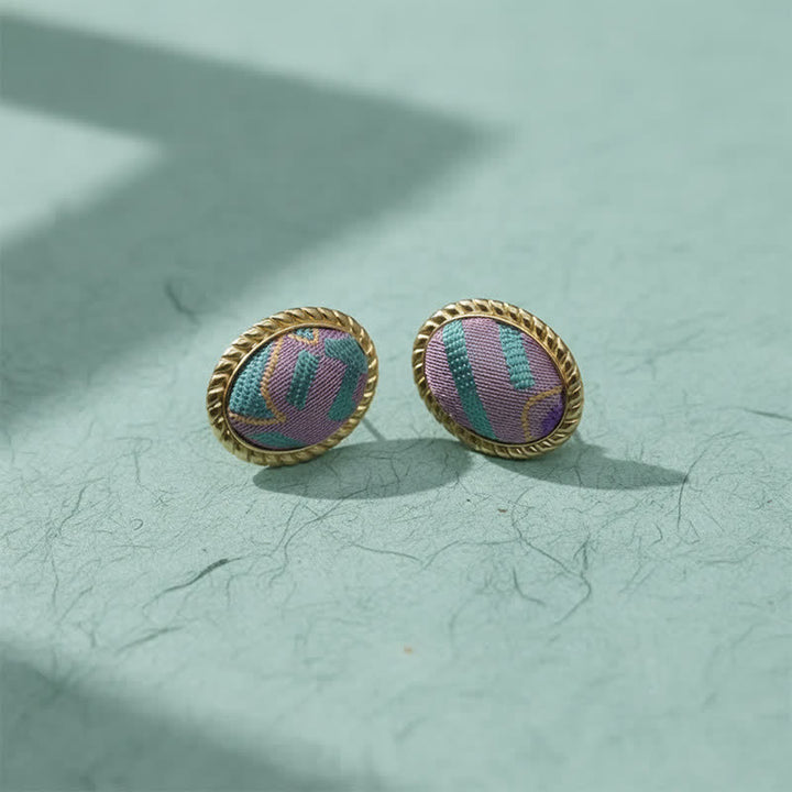 Buddha Stones Song Brocade Handcrafted Oval Purity Chinese Vintage Earrings - Song Brocade (Same Color Tone – Pattern Varies) - image 0