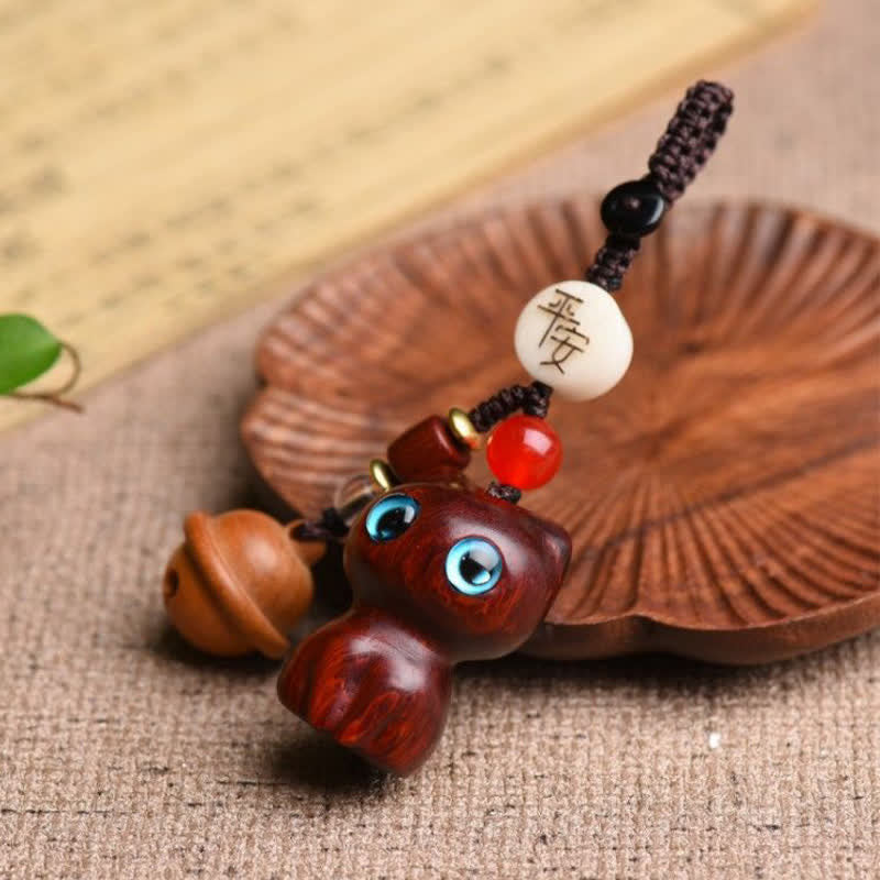 Buddha Stones Ebony Wood & Red Sandalwood Hand Carved Cat Bell Protection Keychains - image 3