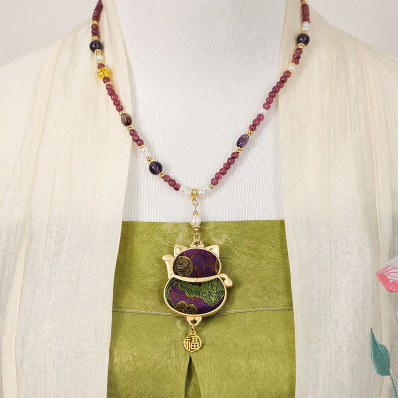 Buddha Stones Song Brocade Fabric Lucky Beckoning Cat Fu Character Blessing Necklace - image 4
