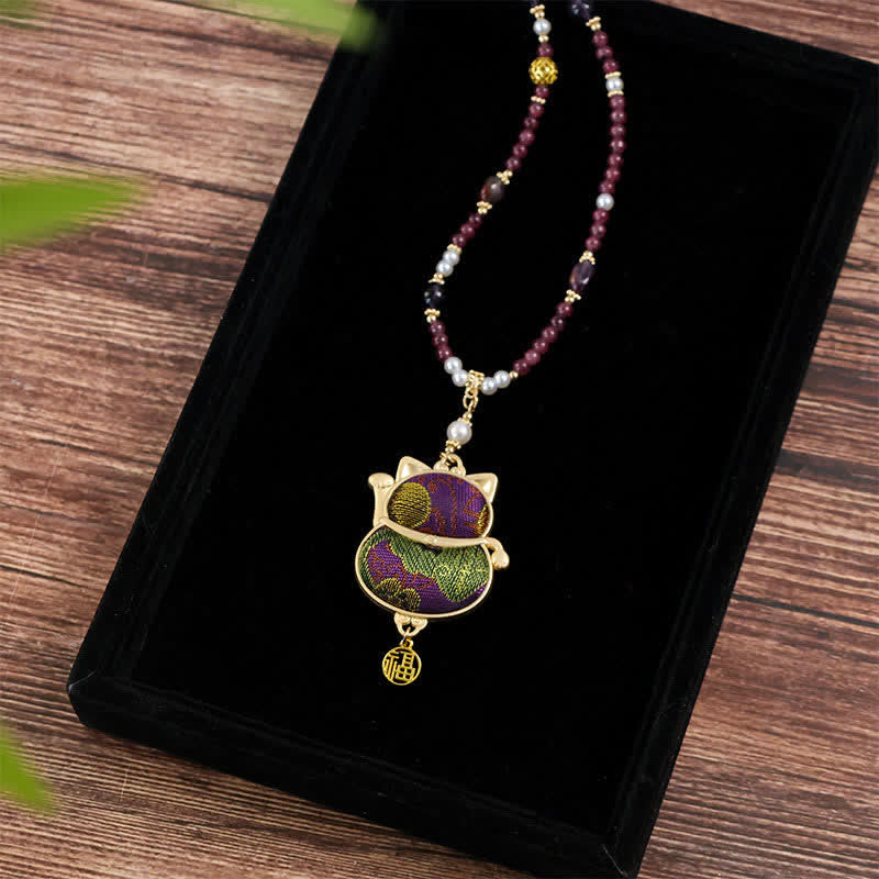 Buddha Stones Song Brocade Fabric Lucky Beckoning Cat Fu Character Blessing Necklace - Cat Neckalce (Same Color Tone – Pattern Varies) - image 0