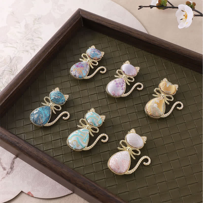 Buddha Stones Pearl Song Brocade Cat Bow Purity Brooch - image 2