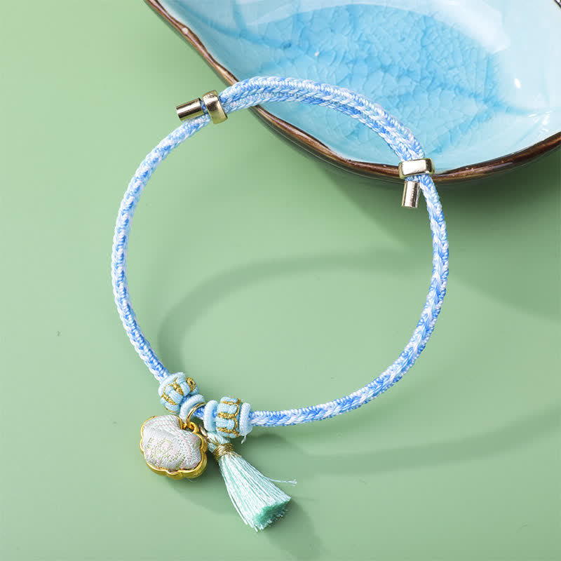 Buddha Stones Braided Five Color Cord Song Brocade Ruyi Scepter Tassel Luck Bracelet - Light Blue (Same Color Tone – Pattern Varies) - image 1