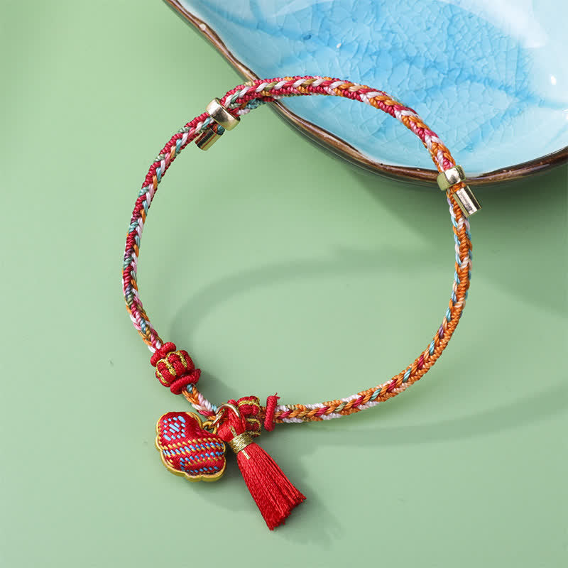 Buddha Stones Braided Five Color Cord Song Brocade Ruyi Scepter Tassel Luck Bracelet - Red (Same Color Tone – Pattern Varies) - image 0