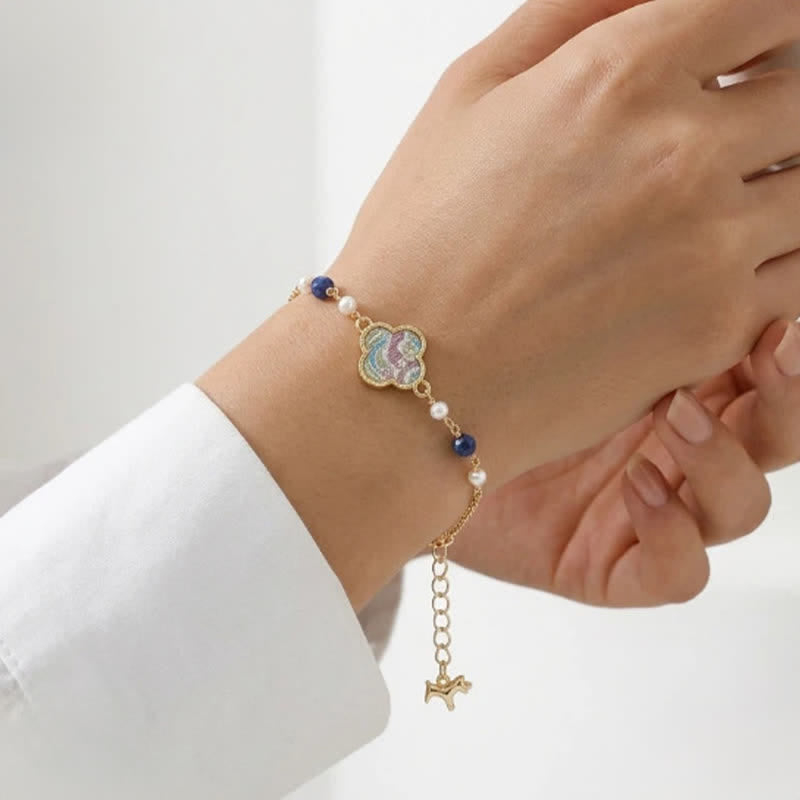 Buddha Stones Pearl Inlaid Song Brocade Four Leaf Clover Purity Adjustable Copper Bracelet - image 4
