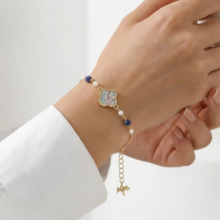 Buddha Stones Pearl Inlaid Song Brocade Four Leaf Clover Purity Adjustable Copper Bracelet - image 4