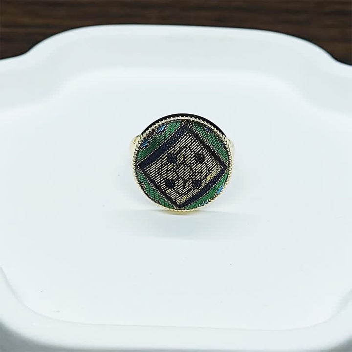 Buddha Stones Handmade Song Brocade Floral Pattern Blessing Adjustable Round Ring - Green Gold(Same Color Tone – Pattern Varies) - Adjustable - image 7