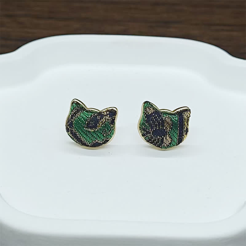 Buddha Stones Handmade Song Brocade Cat Blessing Chinese Vintage Earrings - image 2