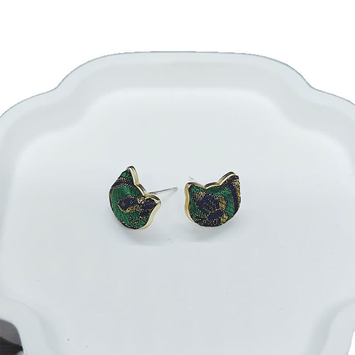 Buddha Stones Handmade Song Brocade Cat Blessing Chinese Vintage Earrings - image 3