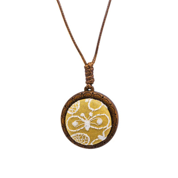 Buddha Stones Wooden Hand Carved Embroidered Flower Butterfly Grounding Round Necklace - Yellow Butterfly - image 11