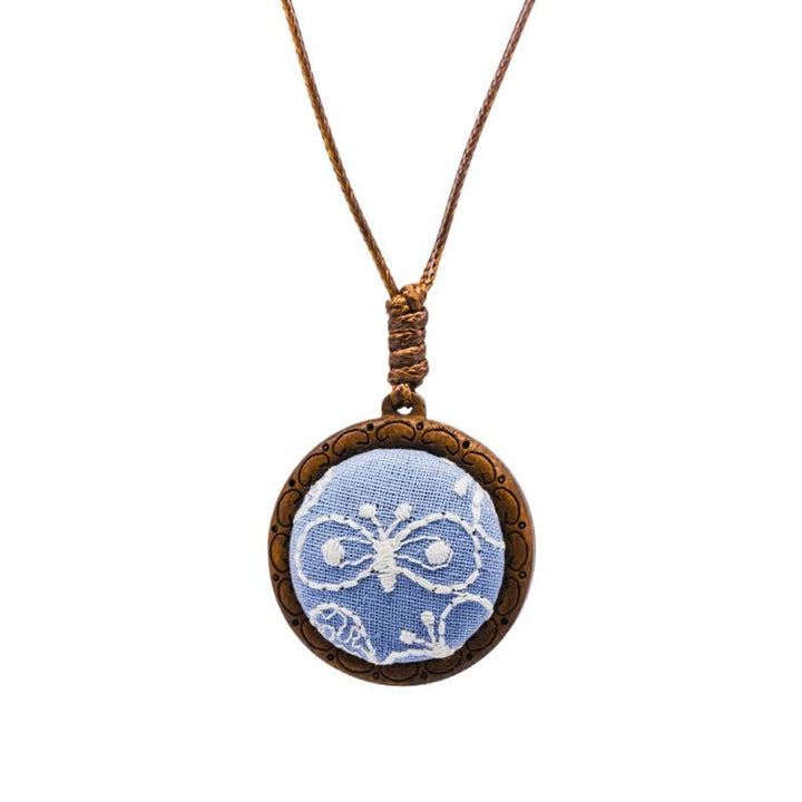 Buddha Stones Wooden Hand Carved Embroidered Flower Butterfly Grounding Round Necklace - Blue Butterfly - image 10