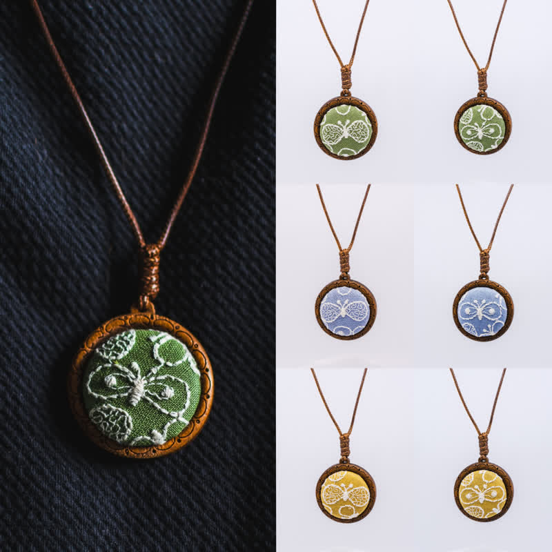 Buddha Stones Wooden Hand Carved Embroidered Flower Butterfly Grounding Round Necklace - image 9