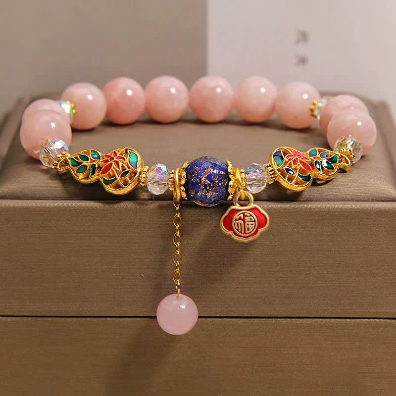 Buddha Stones Aquamarine Fu Character Luck Cloisonné Gourd Dangle Round Bracelet - Pink Chalcedony(Inner Peace ♥ Forgiveness) - image 9