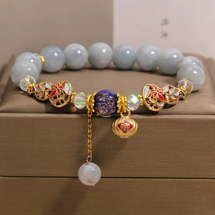 Buddha Stones Aquamarine Fu Character Luck Cloisonné Gourd Dangle Round Bracelet - Aquamarine(Courage ♥ Calming) - image 0