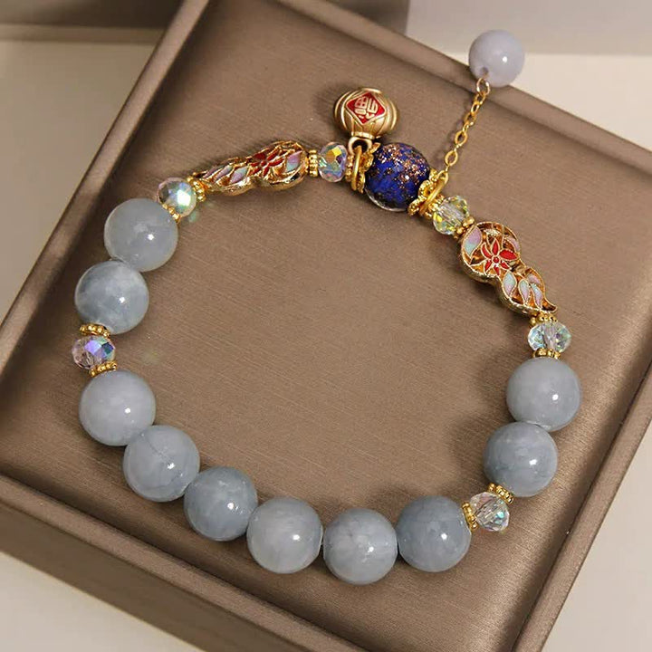 Buddha Stones Aquamarine Fu Character Luck Cloisonné Gourd Dangle Round Bracelet - image 8