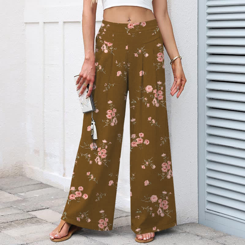 Buddha Stones Cotton Linen Vintage Rose Pattern Women's Elastic Waist Wide Leg Pants With Pockets - image 6