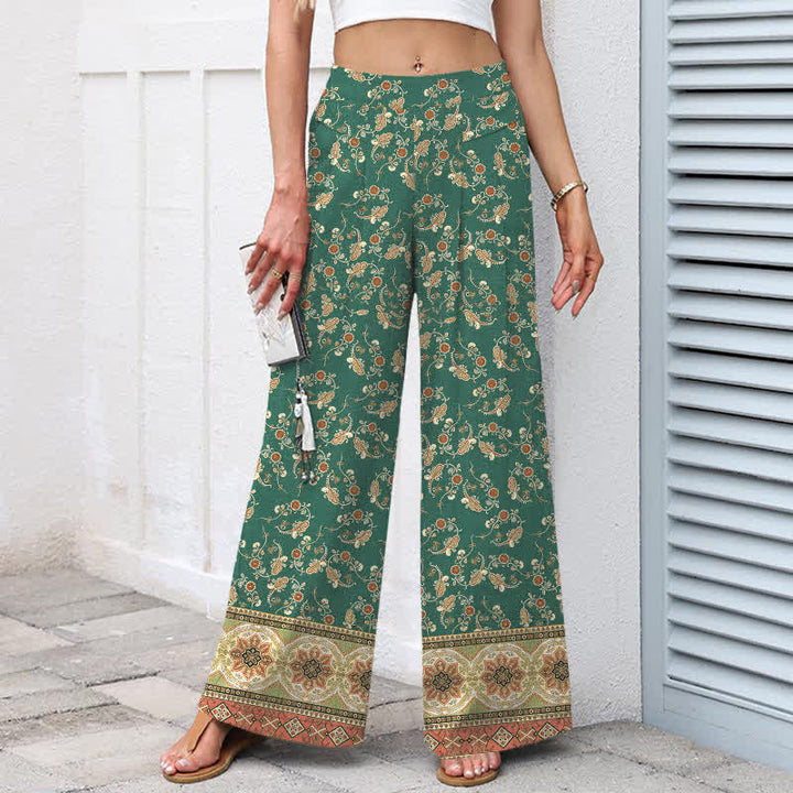 Buddha Stones Cotton Linen Bohemian Floral Pattern Women's Elastic Waist Wide Leg Pants With Pockets - image 8