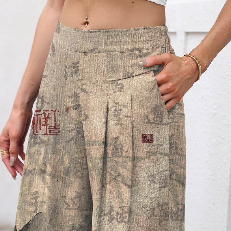 Buddha Stones Cotton Linen Calligraphy Cat Pattern Women's Elastic Waist Wide Leg Pants With Pockets - image 2