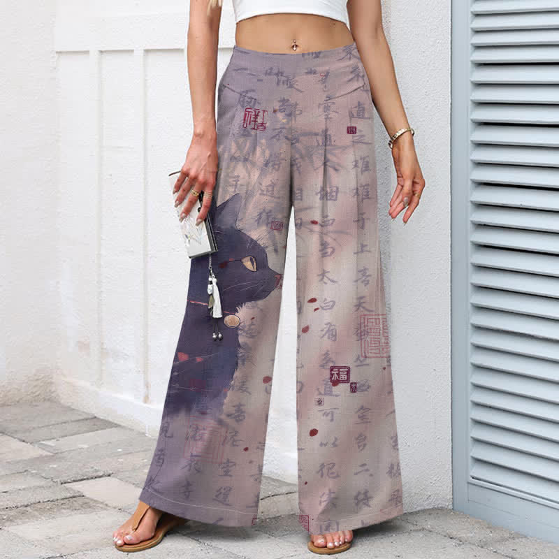 Buddha Stones Cotton Linen Calligraphy Cat Pattern Women's Elastic Waist Wide Leg Pants With Pockets - image 8