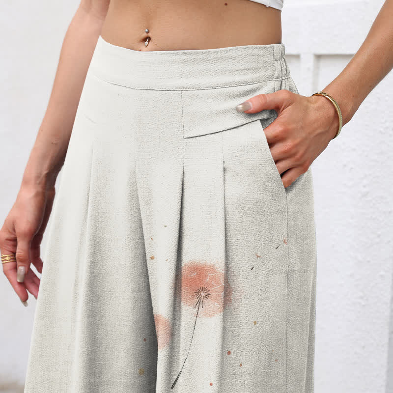 Buddha Stones Cotton Linen Watercolor Cat Floral Pattern Women's Elastic Waist Wide Leg Pants With Pockets - image 2