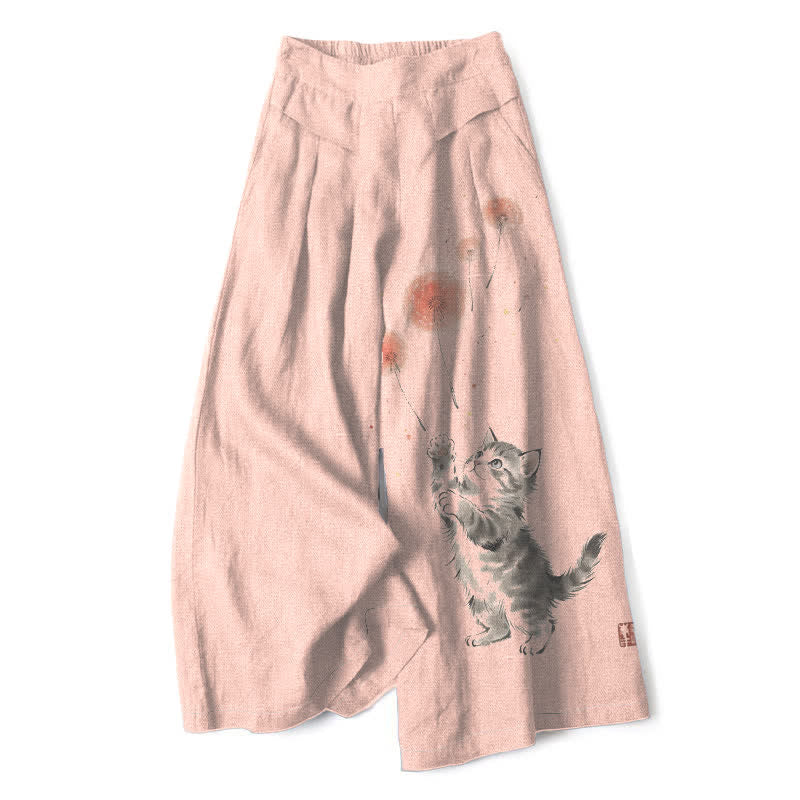 Buddha Stones Cotton Linen Watercolor Cat Floral Pattern Women's Elastic Waist Wide Leg Pants With Pockets - PeachPuff - US16，UK/AU20，EU48 (3XL) - image 7