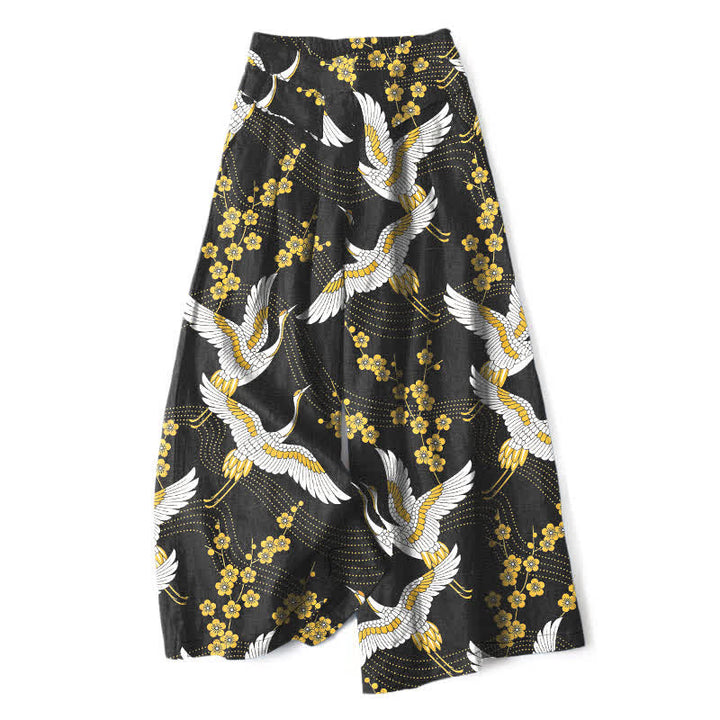 Buddha Stones Cotton Linen Crane Blossom Pattern Women's Elastic Waist Wide Leg Pants With Pockets - Black - US16，UK/AU20，EU48 (3XL) - image 0
